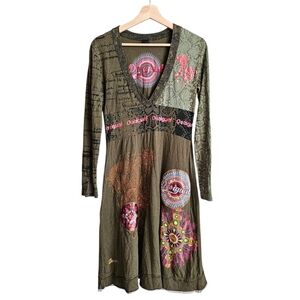 Y2k Vintage Desigual Olive Green Patterned Long Sleeve Dress